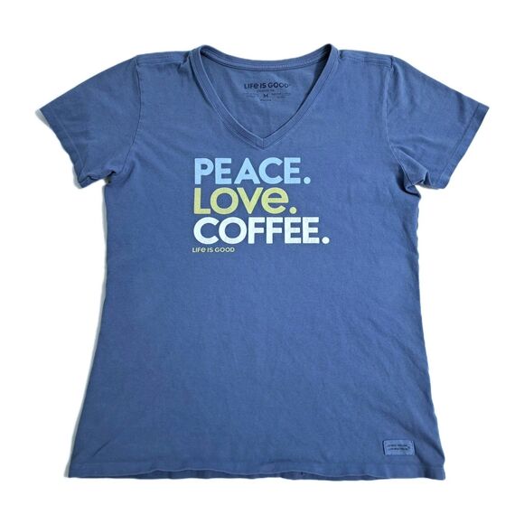 Life Is Good Women's Medium Crusher Peace Love Coffee TShirt Short Sleeve Blue - Picture 2 of 8